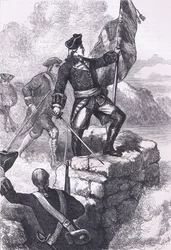 Washington plantando a bandeira britânica em Fort Duquesne, ilustração de Cassells History of the United States publicada por Cassell, Petter & Galpin, c.1900 (litho)