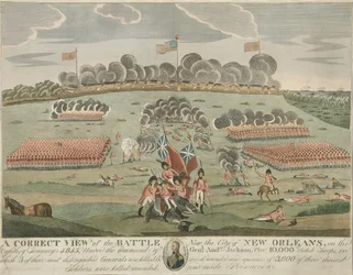 Uma visão correta da batalha perto da cidade de Nova Orleans, pub. c.1815 (Gravura Colorida da Mão)