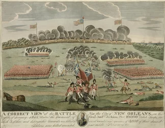 A Correct View of the Battle near the City of New Orleans, pub. c.1815 (Gravura à mão)