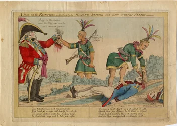 Uma cena nas fronteiras como praticada pelos humanos britânicos e seus aliados dignos, c.1813 (gravura à mão colorida)