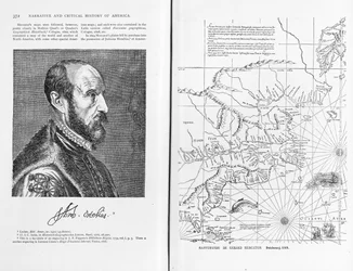 Abraham Ortel Oretelius (1527-98) e seu mapa do mundo de 1569, ilustração de "história narrativa e crítica de América", bar. em 1886