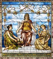 &39;Abundantia, Hospitalitas, Concordia&39;, c.1890 (uma janela de vidro com chumbo)