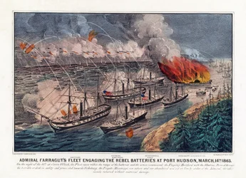 Frota do Almirante Farragut a atacar as Baterias Rebeldes em Port Hudson, 14 de Março