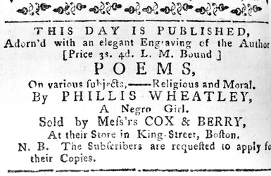 Anúncio do primeiro livro de Phillis Wheatleys, da Boston Gazette, 7 de fevereiro de 1774 (papel de jornal)