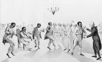 Afro-americanos num baile com o governador John Hancock (1737-93), de The Echo, with other poems de Richard Alsop (1761-1815), 1807