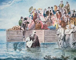 Anabaptistas da Filadélfia testemunham um baptismo de imersão total num rio (cor litho)