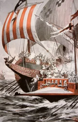 Arouji, irmão de Barbarossa, ataca as galeras do tesouro do Papa Júlio II, em 1504 (cor litho)