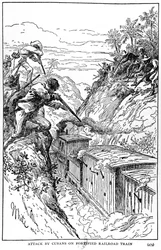 Ataque por cubanos no trem da ferrovia fortificada, ilustração da história de Cuba por Murat Halstead, publicado em 1898