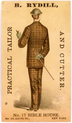 B. Rydill, Alfaiate e Cortador Prático, No. 17 Bible House, entre as ruas 8 e 9. New York., 1886 (litografia [cartão comercial])