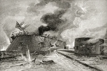 Batalha entre o Monitor e Merrimac em 1862, de "Uma Breve História dos Estados Unidos", publicado pela AS Barnes und Co. em 1885