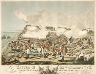 Batalha de Nova Orleans e morte do Major General Packenham no dia 8 de janeiro de 1815, pub. 1815 (gravura a cores)