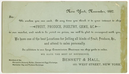 Bennett & Hall trade card [verso], 1882 (litografia gravada [cartão comercial])