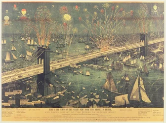 Visão panorâmica da grande ponte de Nova York e Brooklyn e a grande exposição de fogos de artifício na noite de abertura em 1883