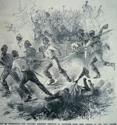 Tropas Negras do Exército da União trazem armas capturadas durante o cerco de Petersburgo (1864-65) (lito)