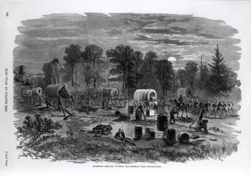 Brigada de Blenker, cobrindo o retiro perto de Centerville, em julho de 1861, da "História pictórica da guerra civil de Harper", 1861