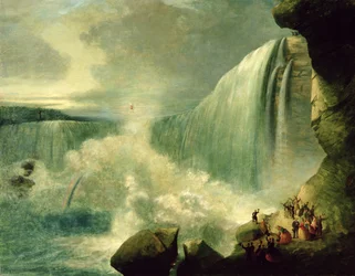 Blondin cruzando as Cataratas do Niágara em uma corda bamba, c.1859-60