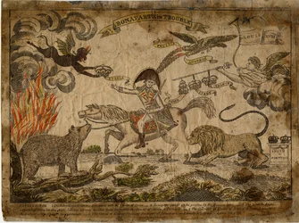 Bonaparte em apuros, 1815 (gravura colorida à mão)