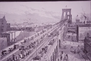 Ponte do Brooklyn logo após a cerimónia de abertura, publicada a 26 de Maio de 1883 (gravura)