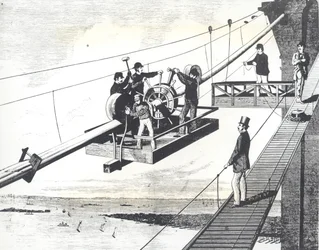 Ponte do Brooklyn em construção em 1876, entrançando os cabos de suspensão (gravação)
