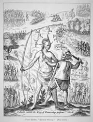 Capitão John Smith (1580-1631) capturando um chefe indiano em 1608, da "Generall Historie of Virginia, New England & the Summer Isles" de Smith