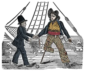 O Capitão Mackra e o pirata tem uma perna de madeira gravada no "The Pirates Own Book" do século XIX