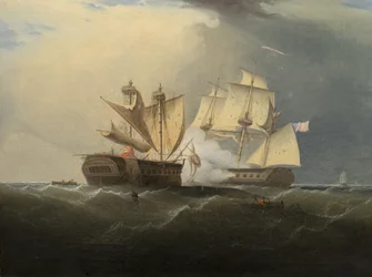 Captura do HMS Macedonian pela fragata dos Estados Unidos, depois de Thomas Birch, 1813