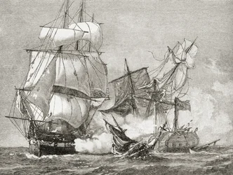 Captura do Guerreiro pela Consituição em 19 de agosto de 1812, de "Uma Breve História dos Estados Unidos", publicado pela AS Barnes und Co. em 1885