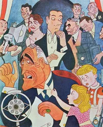 Comentário caricatural às alocuções radiofónicas à nação do presidente Roosevelt, as «Conversas à lareira»