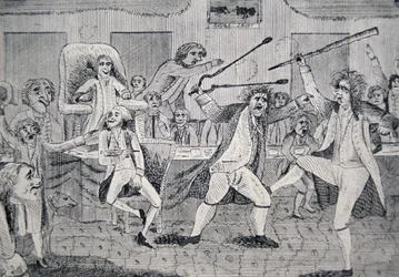 Desenho animado que retrata "a luta no Congresso entre o republicano Matthew Lyon e o federalista Roger Griswold".