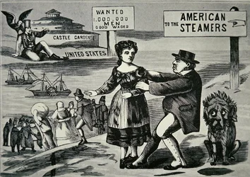 Cartoon mostrando John Bull tentando parar o fluxo crescente de trabalhadores para os EUA, c.1850 (gravura)