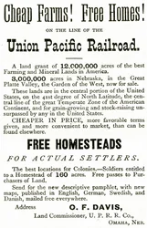 Farmácias baratas e casas grátis na linha Union Pacific Railroad, anúncio do Appletons Journal, 4 de maio de 1872