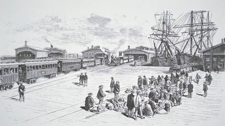 Imigrantes chineses ou "Coolies" chegando em São Francisco para trabalhar na ferrovia transcontinental durante a década de 1860 (litho)