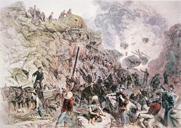 Trabalhadores chineses ajudando a construir a Central Pacific Railroad, concluída em 1869 (cor litho)