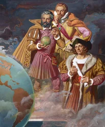 Cristóvão Colombo, Fernão de Magalhães e Vasco da Gama, c.1940 (litografia a cores)