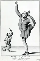 Clark, o Inglês Posture Maker, retirado da série Os Gritos da Cidade de Londres Drawne após a vida, gravura após Marcellus Laroon II, publicado por Pierce Tempest, 1688
