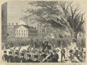 Connecticut - Primeira Parada Pública dos Cavaleiros de Pythias de Connecticut, em New Haven. The Scene on Chapel Street, a partir do Harper