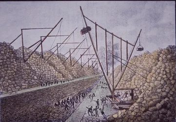 Torres de construção perto de Lockport, Erie Canal (gravura colorida)