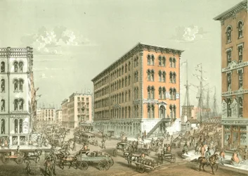 Canto de Clark e South Water Street, de Chicago Illustrated, com descrições literárias de James W. Sheahan, publicadas por Jevne & Almini, Chicago, 1866-67.