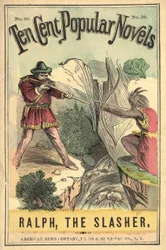 Capa do livro "Dez centavos de romances populares - Ralph, the Slasher", No. 39. American News Company. Um duelo entre índios e brancos. Sd em chamas. Início do século 20.