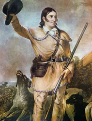 David (Davy) Crockett (1786-1836) com os seus cães de caça em 1836 (cor litho)