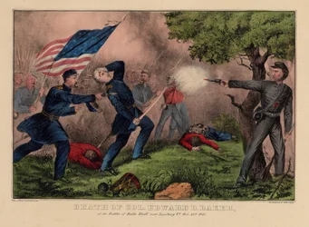 Morte do coronel Edward D. Baker, na batalha de Balls Bluff perto de Leesburg VA, 21 de outubro de 1861, pub. por Currier & Ives, c.1861