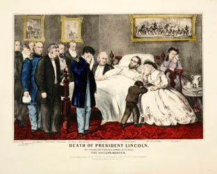 Morte do Presidente Lincoln, em Washington, DC, a 15 de Abril de 1865, pub. Litografia a cores de 1865