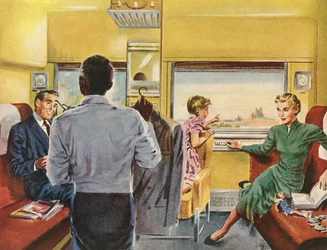 Família desfrutando de uma cabine de primeira classe em uma viagem de trem