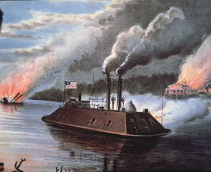 Federal Ironclad Ship on the Mississippi bombardarding Enemy Territory (cor litho)