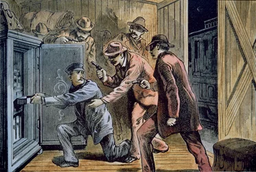 Frank e Jesse James Gang roubam o vagão expresso de um trem em 1879 (cor litho)