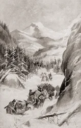 Fremont nas Montanhas Rochosas, América do Norte, durante a sua quarta expedição de 1848, de "The History of Our Country", publicado em 1905 (litografia)