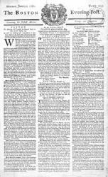 Primeira página do Boston Evening Post anunciando a morte do rei George II (1683-1760), 5 de janeiro de 1761 (impressão)