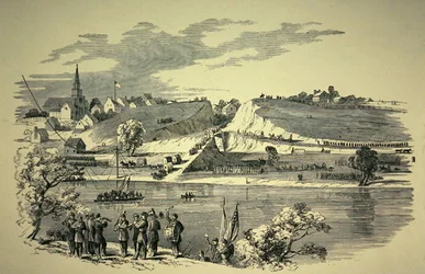 General Bank (1816-94) Union Division recrutando o Potomac de Williamsport, Maryland, para atacar o exército confederado sob o General Jackson (1824-63) em 1862 (litho)