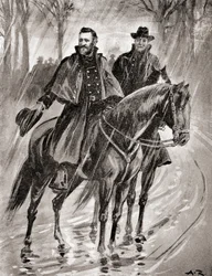 O General Grant a fazer o reconhecimento à chuva em Belmont, Missouri, antes da batalha de 1861, de "The History of Our Country", publicado em 1905 (litografia)