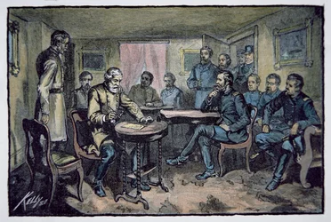 O General Robert E. Lee (1807-70) rende-se ao General Ulysses S. Grant (1822-85) no Appomattox Courthouse, 9 de Abril de 1865 (cor litho)